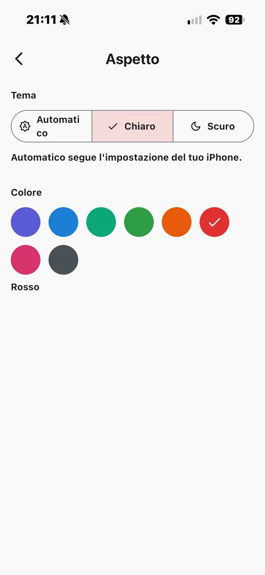 Schermata Aspetto con tema e colori