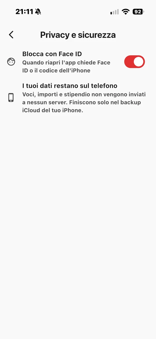 Schermata Privacy e sicurezza con blocco Face ID