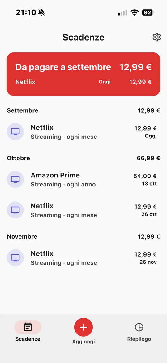Schermata principale di Radar Scadenze con i pagamenti del mese