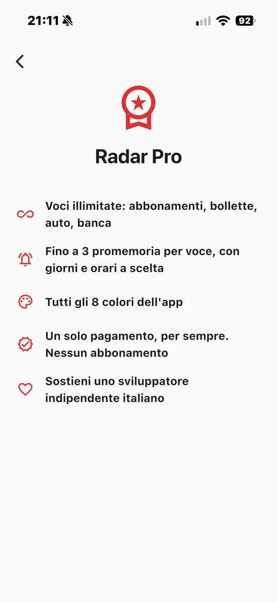 Schermata Radar Pro con i vantaggi