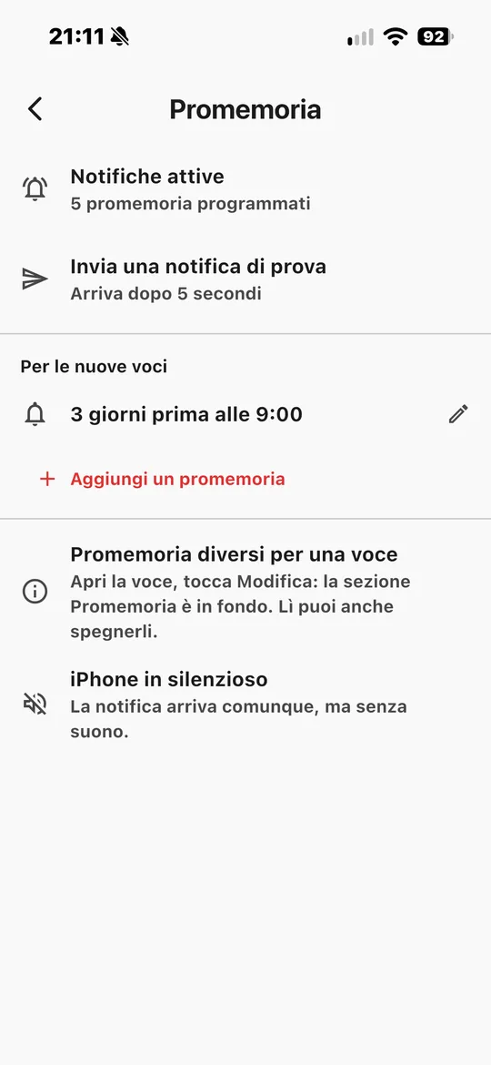 Schermata Promemoria